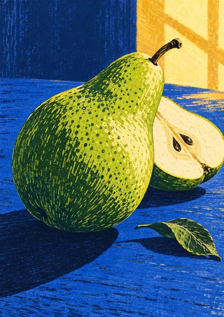 Whole green pear beside a cut half and detached leaf on a blue tabletop, with long shadows and a warm rectangular light patch.