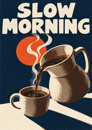 Cream pour-over server pouring coffee into a cup beneath the words “SLOW MORNING,” with steam and an orange sun on navy.