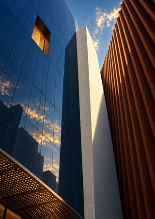 Upward view of modern facades with blue reflective glass, a pale sunlit center, terracotta fins, an amber window, and a perforated canopy.