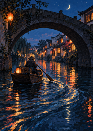 Bundled rower in a small boat beneath a stone bridge, with lanterns and lit canal houses at blue hour.