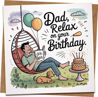 Funny Dad Birthday Card - Relax on Your Birthday - 145mm x 145mm Square Greeting Card with Kraft Envelope, Hammock & Dog Illustration, Birthday Card for Dad from Son or Daughter
