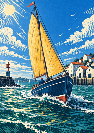 A blue sailboat with a yellow sail rounds a red-and-blue harbor marker near pale harbor buildings and a breakwater.