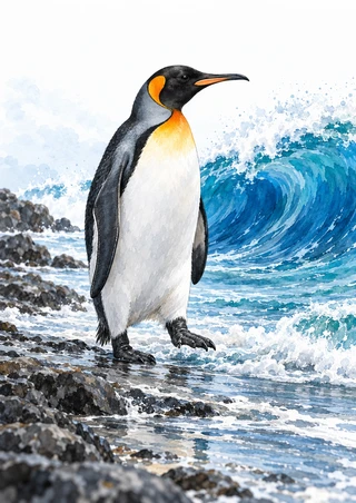 Orange-marked black-and-white penguin standing on a rocky shore in front of a curling blue wave.