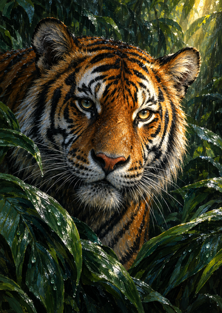 Close frontal tiger face emerging from glossy dark green leaves, with warm light catching one eye.