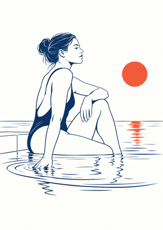 Adult woman in a dark swimsuit seated on a submerged pool step, with indigo water lines and a vermilion sun.