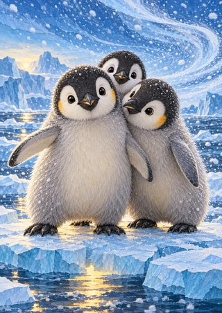 Three fluffy penguin chicks huddled on a blue ice floe beneath a sweeping snowy sky.