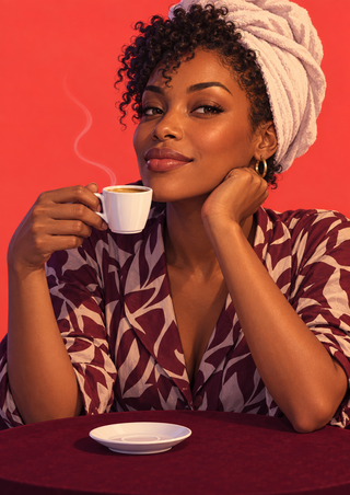 Adult woman with short curls partly wrapped in a pale towel holds an espresso cup near her lips against a coral background.