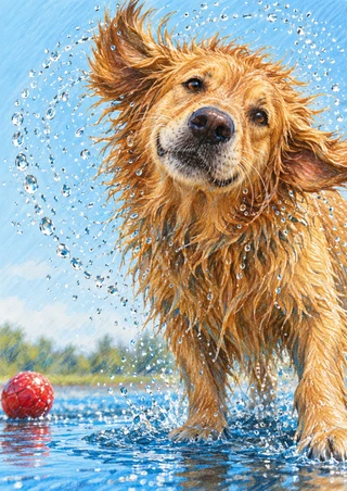 A wet golden retriever shakes water from its coat beside a red ball in blue water.