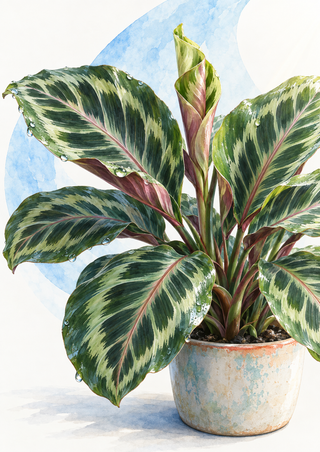 Potted plant with broad patterned green leaves and a pink-green leaf unfurling beneath a translucent blue arc.