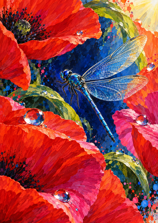 Blue dragonfly with four veined wings among oversized red and fuchsia poppies, green foliage and bright dew drops.
