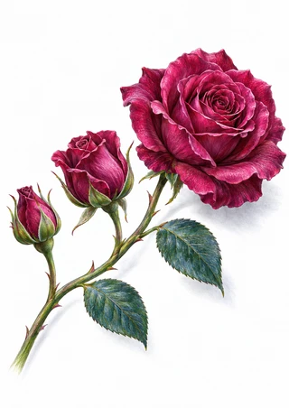 Three stages of a deep-magenta rose on one continuous sweeping stem, from a small bud to a large open bloom, with blue-green leaves.