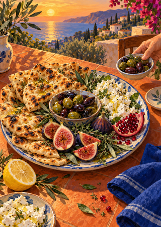 Ceramic platter of flatbread, olives, figs, white cheese, and pomegranate on a terracotta table, with a hand offering olives and a sunset coast behind.