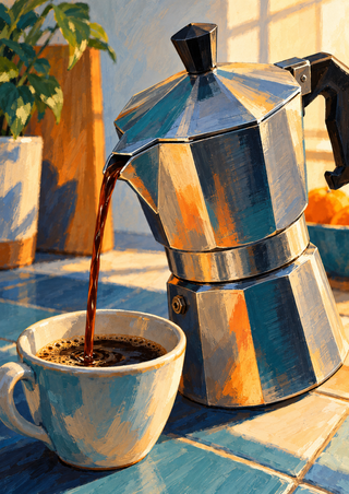 Faceted stainless-steel moka pot pouring dark coffee into a small cup on a tiled counter beside a bright window and leafy plant.