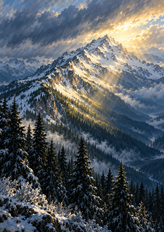 Morning light illuminates a snow-covered alpine peak above a forested valley, framed by dark firs and bright snow-covered branches.