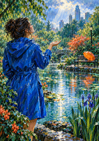 Woman in a vivid blue raincoat raises a hand beside a rain-wet garden pond; an orange umbrella rests on a bench across the water.