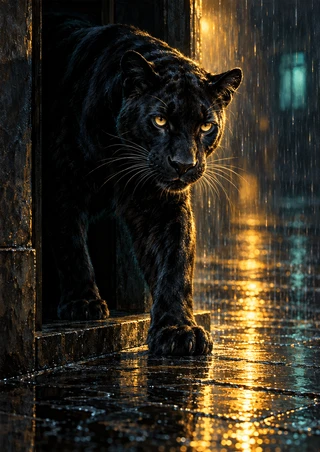 Black panther with golden eyes steps from a dark doorway onto wet stone pavement reflecting amber light.