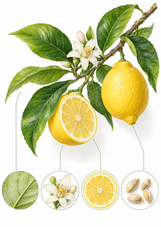 Diagonal lemon branch with green leaves, white blossom, whole and cut lemons, above four circular botanical detail illustrations.
