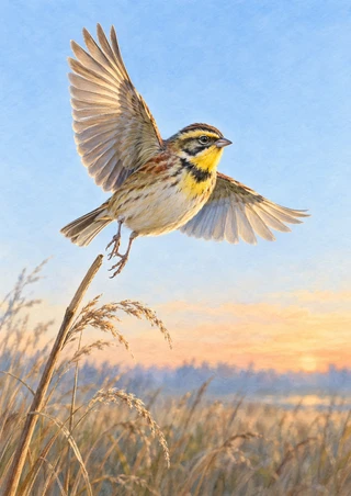 Yellow-throated olive and russet bird with wings extended above a reed against a pale-blue dawn sky and apricot horizon.