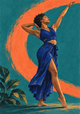 Barefoot woman in a cobalt wrap reaching upward before a coral arc on a teal background, with leafy plants at lower left.