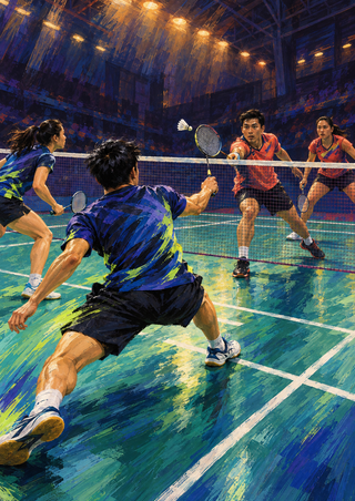 Four badminton players contest a rally across an indoor court net as a shuttlecock hangs above the foreground player's racket.