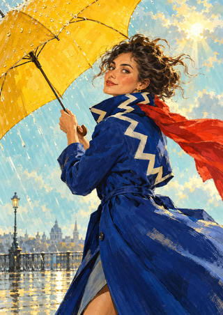 Adult woman in a cobalt coat and red scarf looks back beneath a yellow umbrella in the rain, with a waterfront behind her.