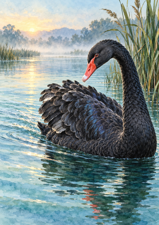 Black swan with a coral-red bill and raised layered wing gliding on a blue-green lagoon beside reeds in pale morning light.