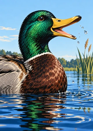 Male mallard with an open yellow bill calling above cobalt pond water, with ripples, droplets, and reeds at right.