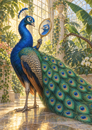 A blue peacock holds a small ornate mirror beside its patterned tail while a green parakeet watches from a branch in a bright conservatory.
