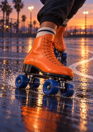 Close-up orange roller skate with blue wheels on a glossy wet court at sunset, with a second skate and lower legs in soft focus.
