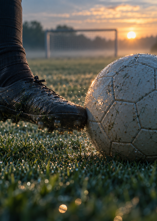 Dark football boot touching a pale paneled ball on dew-covered grass, with droplets below and a softly blurred goal at dawn.