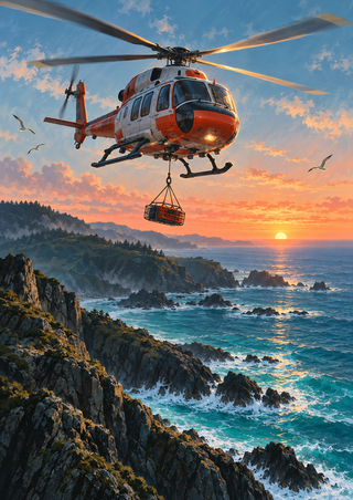Orange-and-white rescue helicopter with a suspended basket flying above a rocky coastal inlet at sunset.