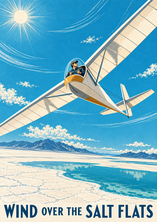 White glider with a seated pilot banking above pale salt flats and a turquoise pool, with mountains and title lettering below.