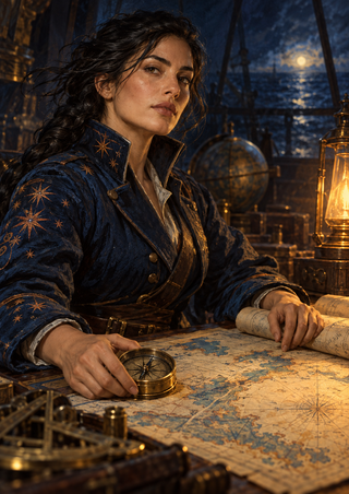 Adult woman in an embroidered dark coat beside a brass compass and sea chart, with a glowing lantern and globe in a dim maritime room.