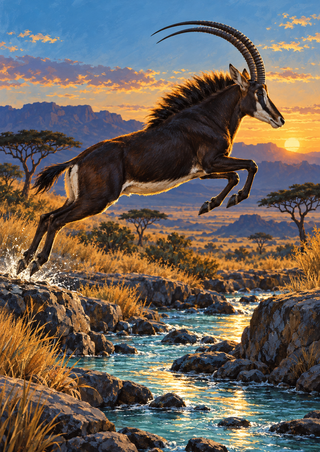 Dark, long-horned antelope leaping over a rocky turquoise stream at sunset, with savanna hills and acacia silhouettes.