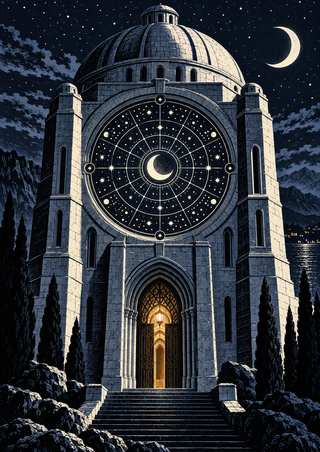 Domed stone observatory at night with a circular star-map window, central crescent, amber-lit entrance, steps, and rocky foreground.