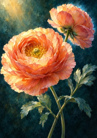 Two layered peach and apricot blooms on crossing green stems against a deep teal background, with blue-green leaves below.
