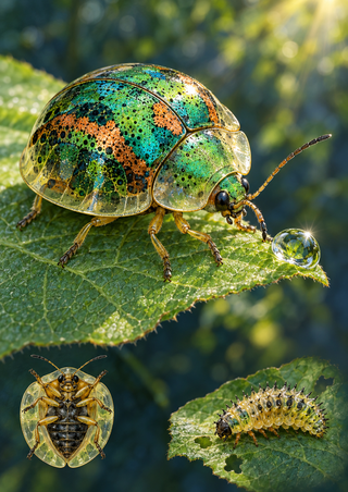 Green, turquoise, and copper-spotted tortoise beetle on a leaf beside a dew droplet, with smaller underside and larva studies below.