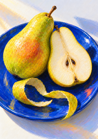 Whole yellow-green pear and seeded cut half on a vivid blue plate, with a curling peel ribbon across the foreground.