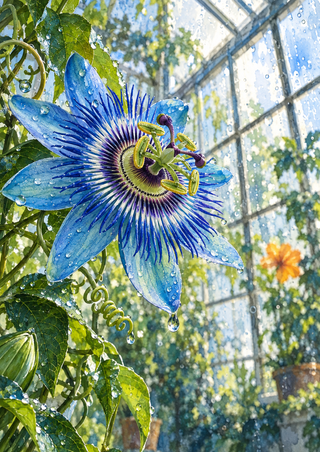 Large raindrop-covered blue passionflower with curled tendrils in a greenhouse, with an orange flower in the distance.