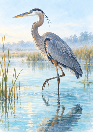 Blue-gray heron with an S-curved neck and lifted foot standing in shallow marsh water among reeds and ripples.