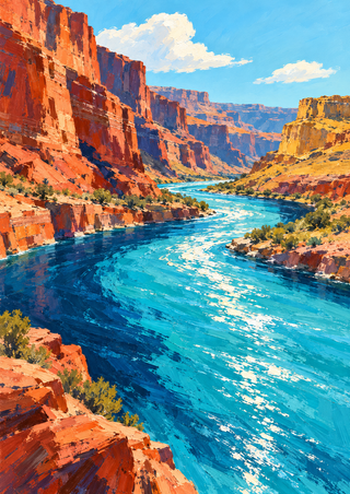 Turquoise river winding through red-orange canyon cliffs toward the foreground, with a golden mesa and white clouds in a pale blue sky.