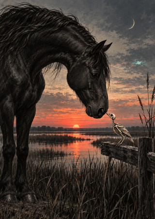 A large black horse lowers its muzzle toward a small skeleton bird on a wooden rail beside a marsh at sunset.
