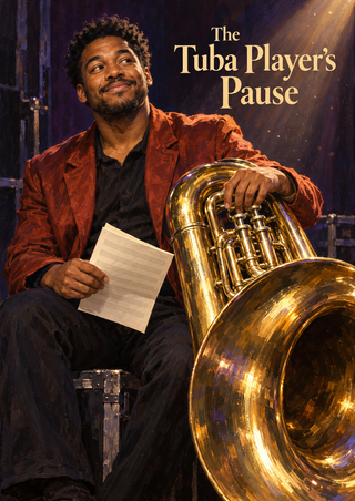 Adult musician in a rust-red jacket seated beside a polished brass tuba, holding sheet music against plum-indigo shadows.