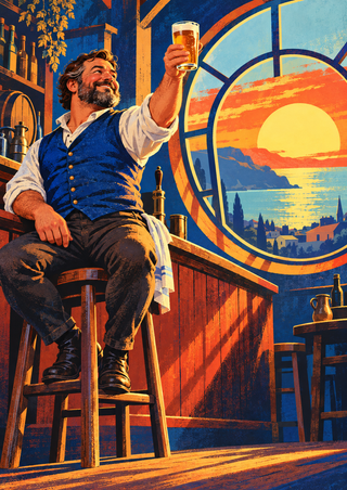 Bearded tavern keeper in a blue waistcoat raising a foaming amber drink beside a circular sunset window.