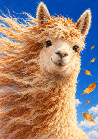 Cream-and-copper alpaca with fleece streaming left, facing the viewer beneath a vivid blue sky with golden leaves.