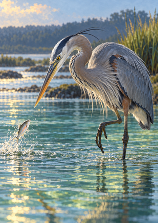 Gray-blue great blue heron with one leg raised, bending toward a fish breaking the surface in shallow water.