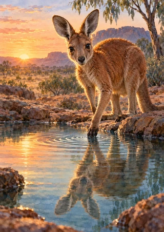 Young kangaroo touching rippling water at a rocky waterhole as the sunrise glows behind it.