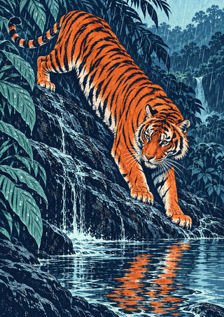 Orange-and-black Bengal tiger descending a dark wet rock slope toward a pale reflective pool among tropical leaves and rain.