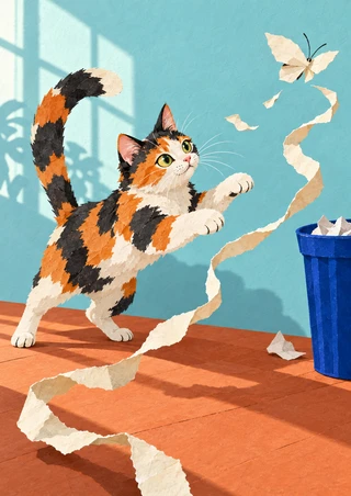 Orange, cream, and charcoal calico cat leaping toward a pale paper moth above a curling strip in a bright aqua studio.