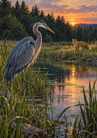 Blue-gray heron at the edge of a reflective pond, with a small red fox on the opposite bank beneath a glowing sunset.